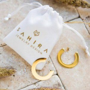 Sahira Carrie Flat Hoop Earrings 18kt Gold Plated 1.2" Water Resistant New
